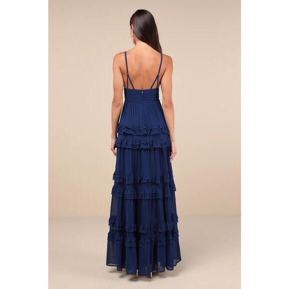 Lulus Lavish Perfection Navy Blue Ruffled Tiered Maxi Dress Size L NWT - Picture 2 of 9